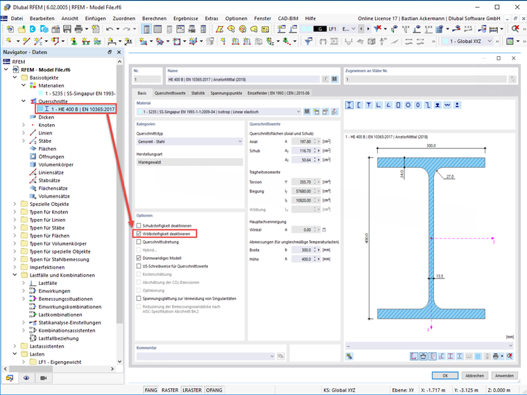 FAQ 005241 | Wie kann ich den 7. Freiheitsgrad nur für bestimmte Stäbe oder Querschnitte deaktivieren?