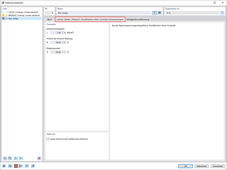 Definieren von Parametern für Materialmodell