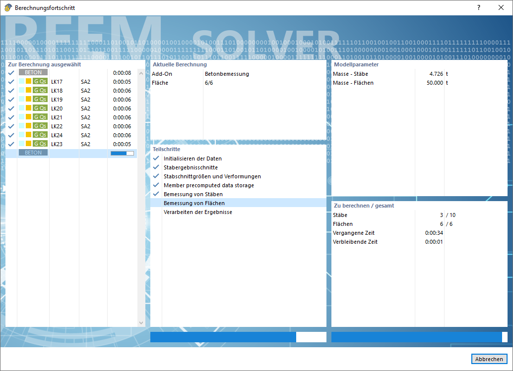 Berechnungsfortschritt für Add-On Betonbemessung