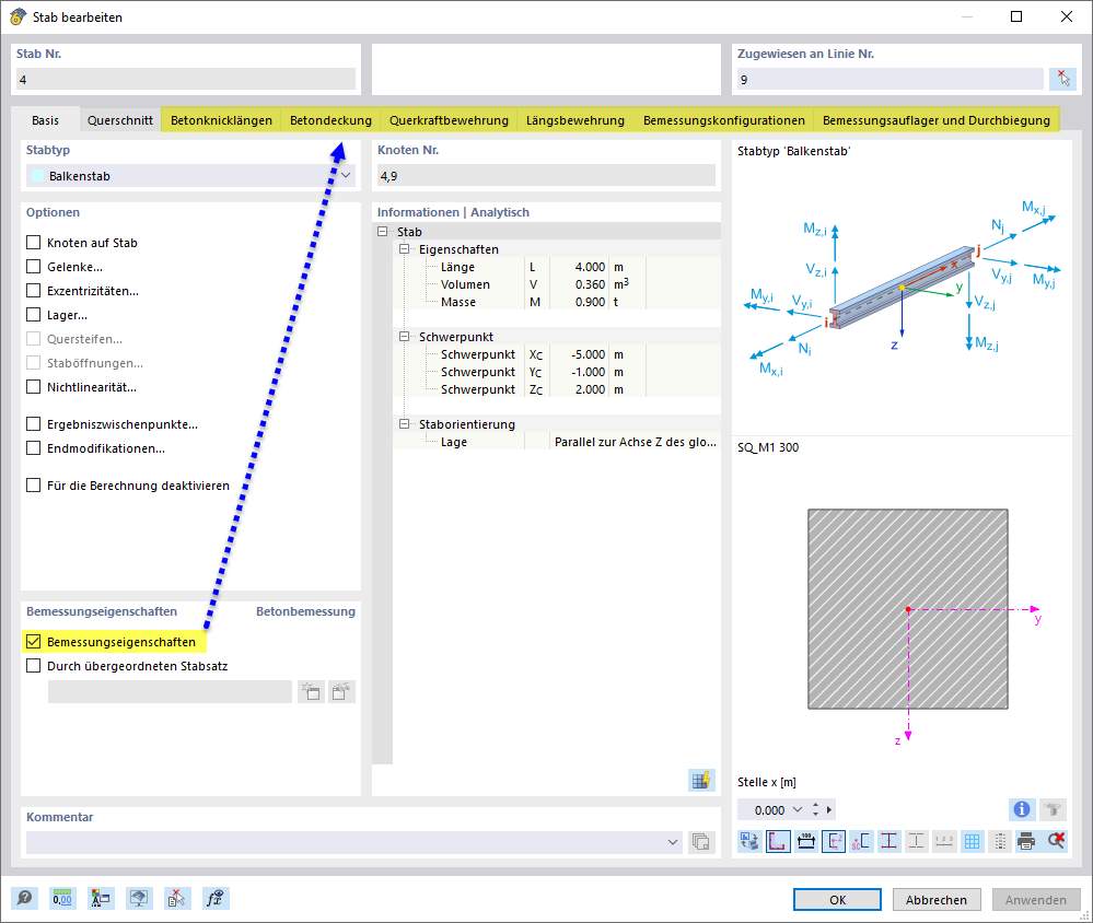 Bemessungseigenschaften eines Stabes aktivieren