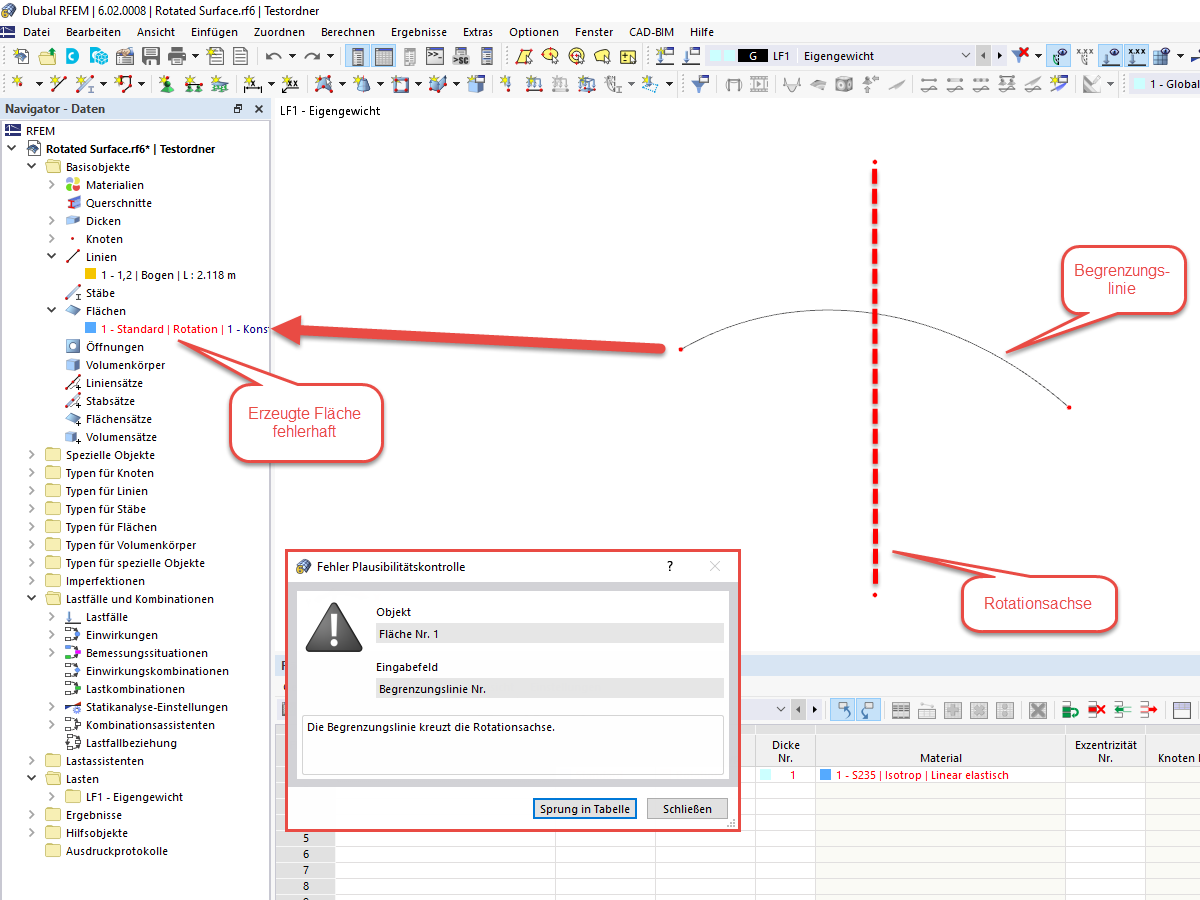 FAQ 005250 | Ich möchte eine rotationssymmetrische Fläche in RFEM erzeugen. Die Rotationsfläche wird jedoch nicht erzeugt. Woran liegt das?