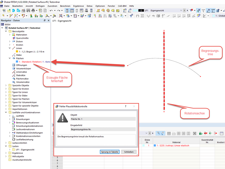 FAQ 005250 | Ich möchte eine rotationssymmetrische Fläche in RFEM erzeugen. Die Rotationsfläche wird jedoch nicht erzeugt. Woran liegt das?