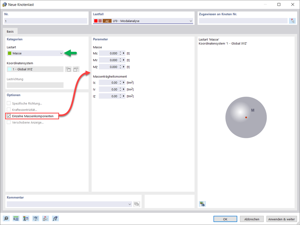 Neue Knotenlast – Lastart Masse