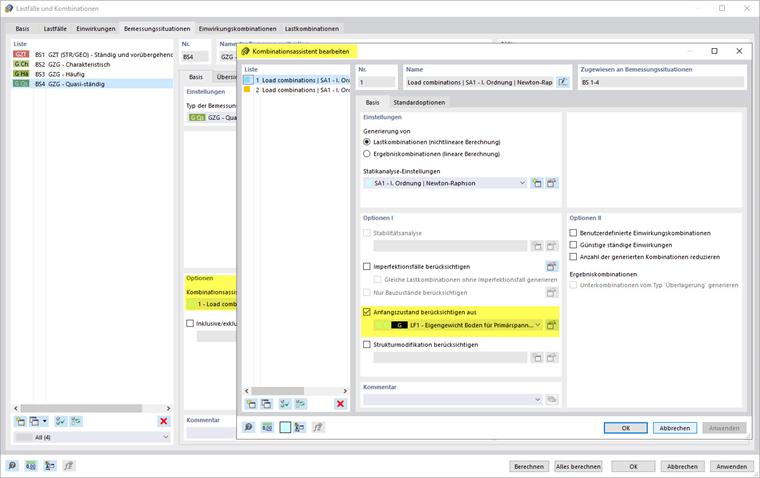Festlegen des Anfangszustands im Kombinationsassistenten