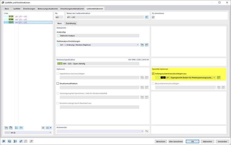 Festlegen des Anfangszustands in der jeweiligen Lastkombination
