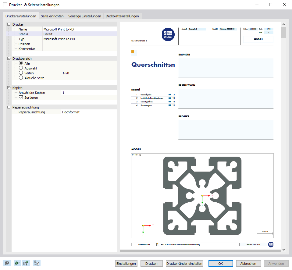 Dialog 'Drucker- & Seiteneinstellungen'