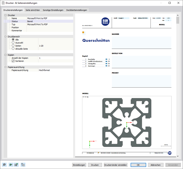 Dialog 'Drucker- & Seiteneinstellungen'