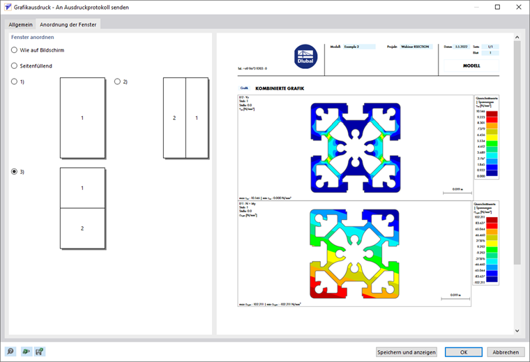 Dialogfenster für Grafikausdruck mit Optionen zum Senden an das Ausdruckprotokoll und zur Fensteranordnung