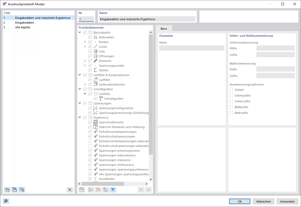 Dialog 'Ausdruckprotokoll-Muster'