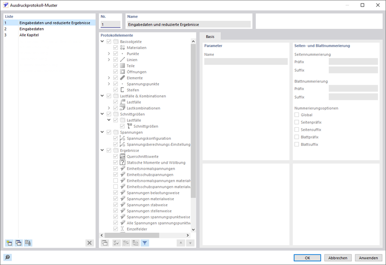 Dialog 'Ausdruckprotokoll-Muster'