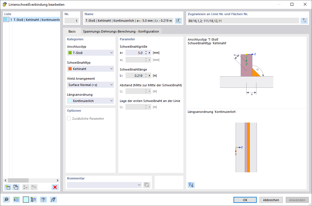 Linienschweißverbindung bearbeiten