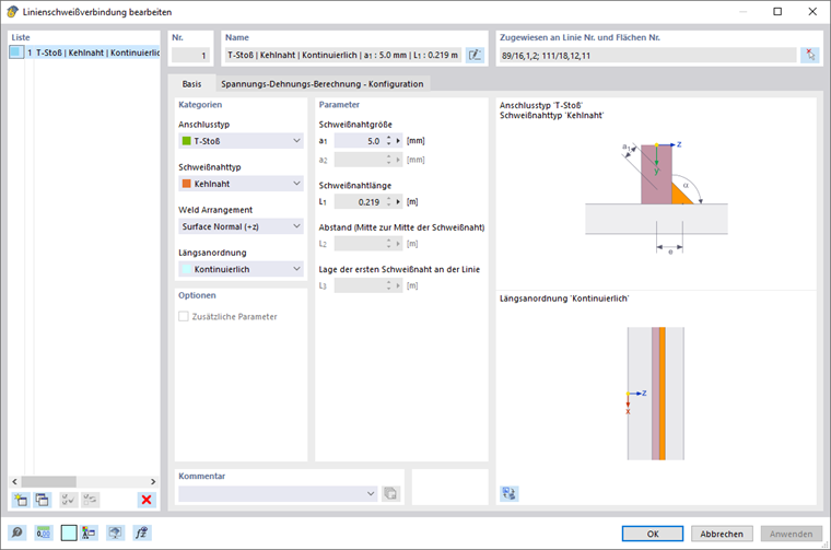 Linienschweißverbindung bearbeiten