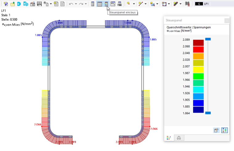 Steuerpanel im Arbeitsfenster und Schaltfläche 'Steuerpanel ein/aus'