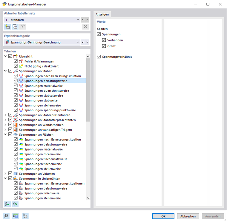 Ergebnistabellen-Manager für Spannungs-Dehnungs-Berechnung