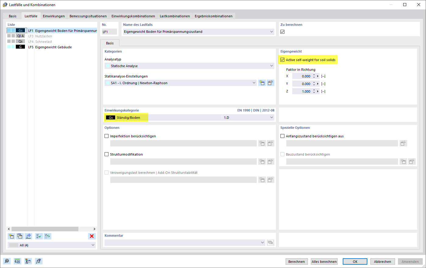 Eigengewicht nur für Bodenvolumenkörper