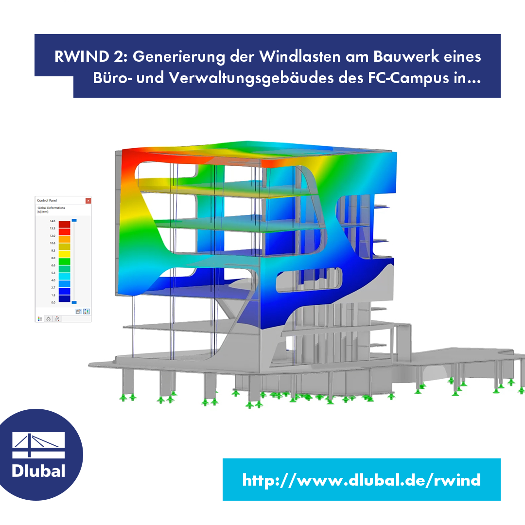 RWIND 2: Generierung der Lasten am Bauwerk eines Büro- und Verwaltungsgebäudes des FC-Campus in Karlsruhe