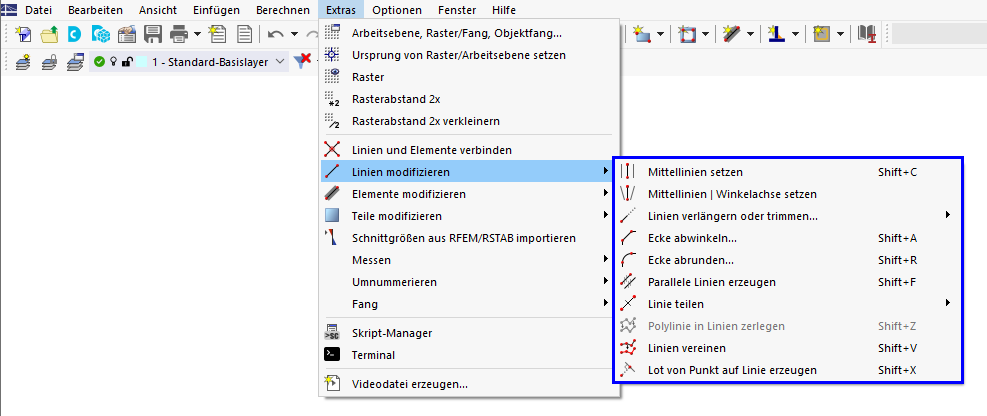 Modellierungstools für Linien im Menü 'Extras'