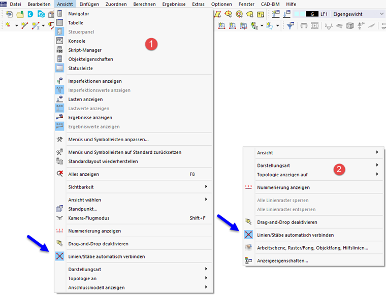 Funktion 'Linien/Stäbe automatisch verbinden' in Menü (1) und allgemeinem Kontextmenü (2)