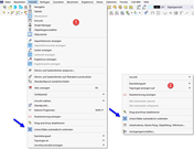 Funktion 'Linien/Stäbe automatisch verbinden' in Menü (1) und allgemeinem Kontextmenü (2)