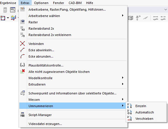 Menüfunktionen 'Umnummerieren'