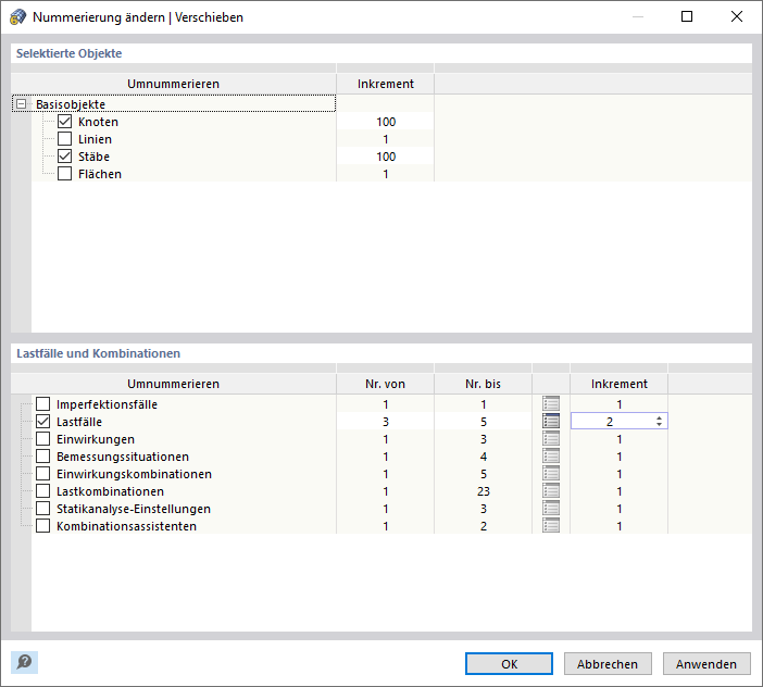 Objekt- und Lastfallnummern verschieben