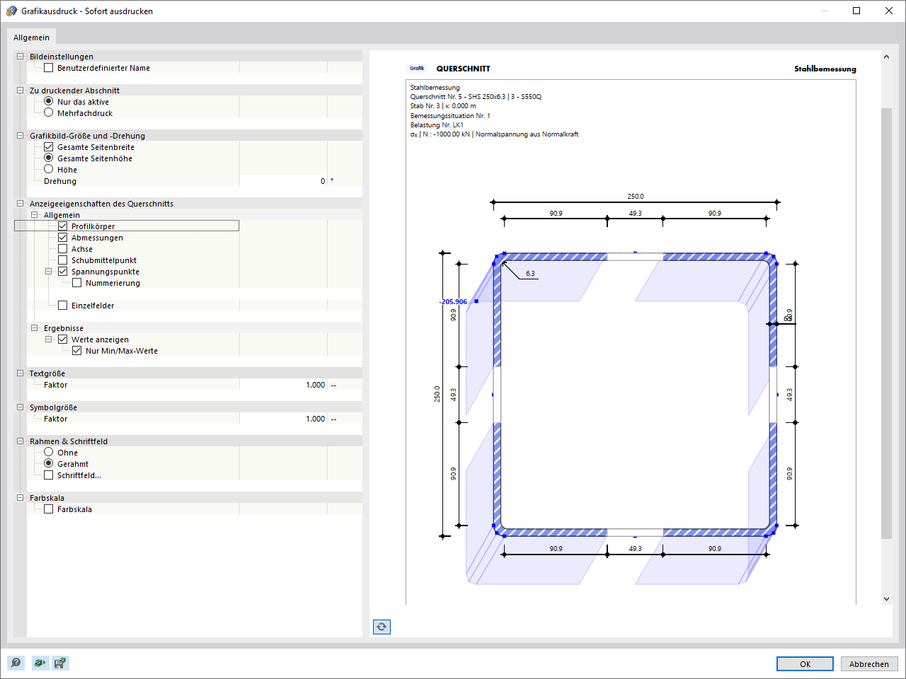 Ergebnisverlauf im Querschnitt - Grafikausdruck