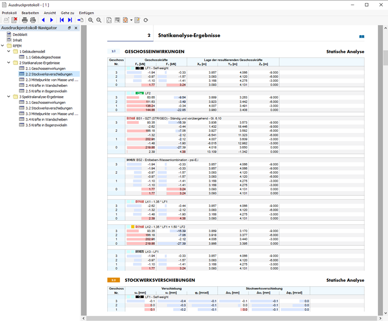 Ausdruckprotokoll mit Gebäudemodell-Daten