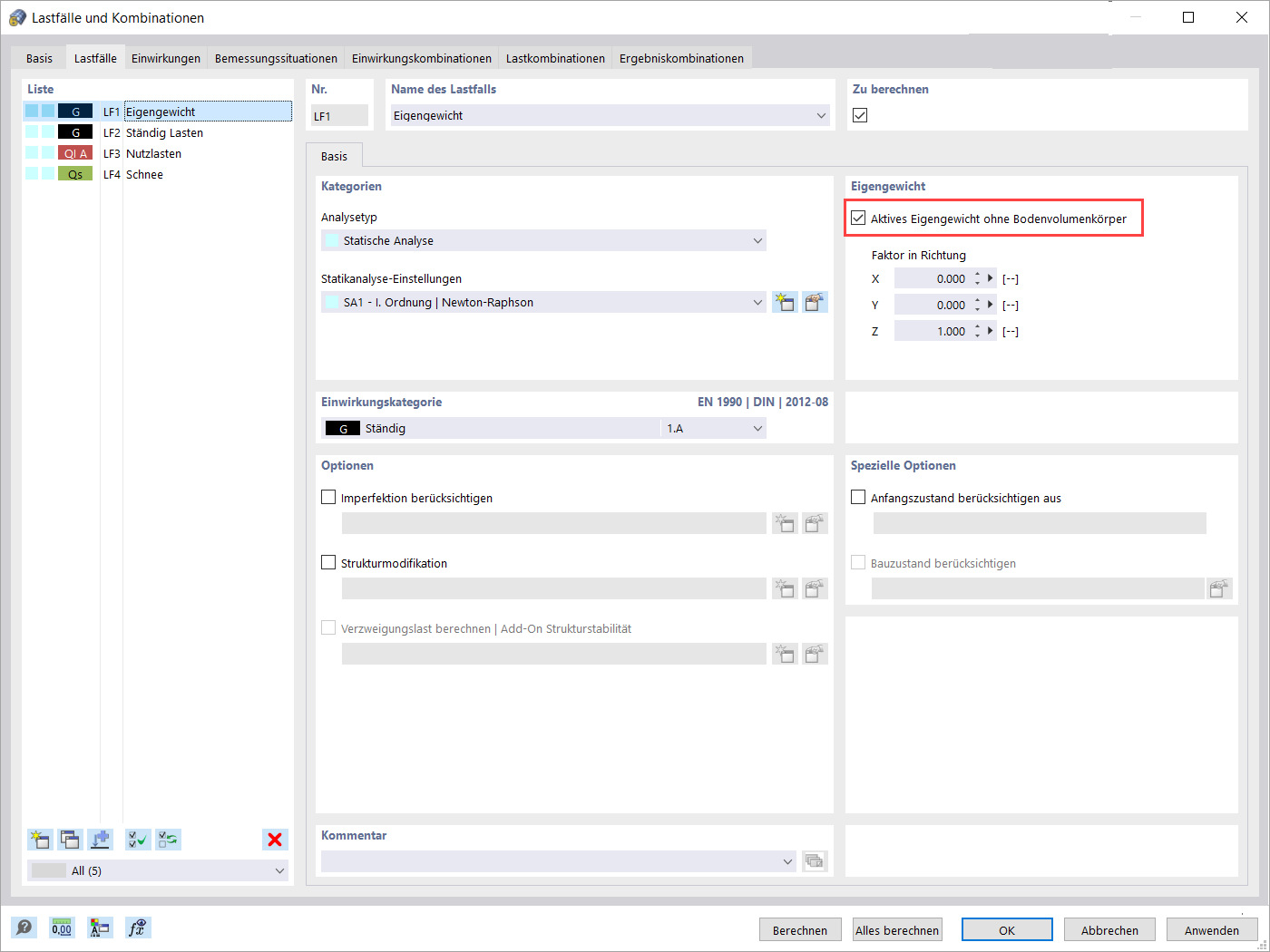 Lastfälle und Kombinationen