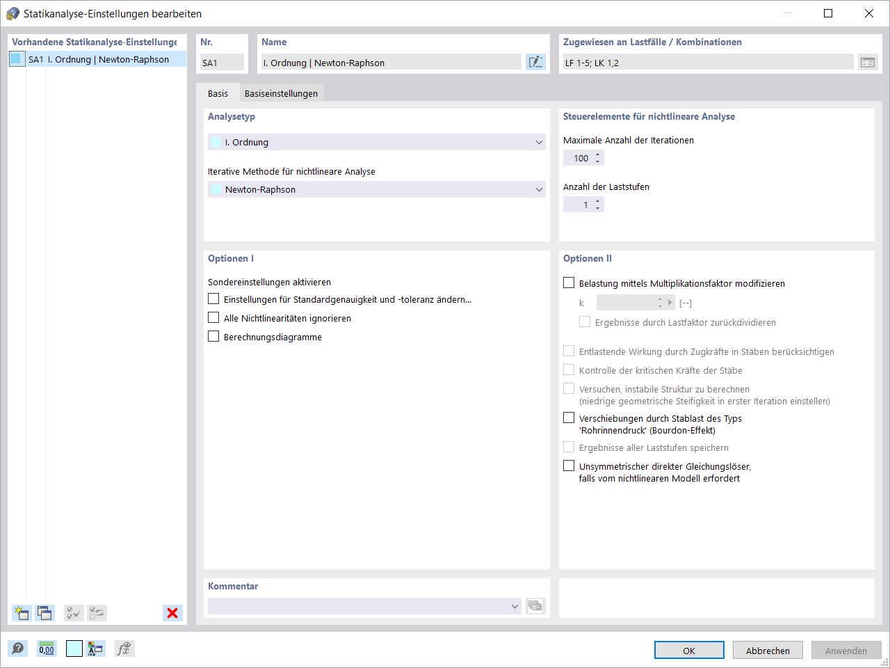 Statikanalyse-Einstellungen