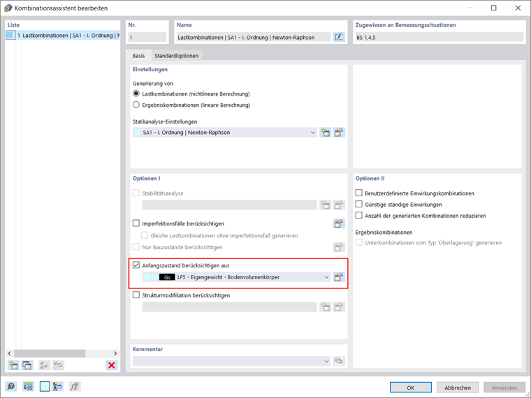 Berücksichtigung des Anfangszustands im Kombinationsassistenten