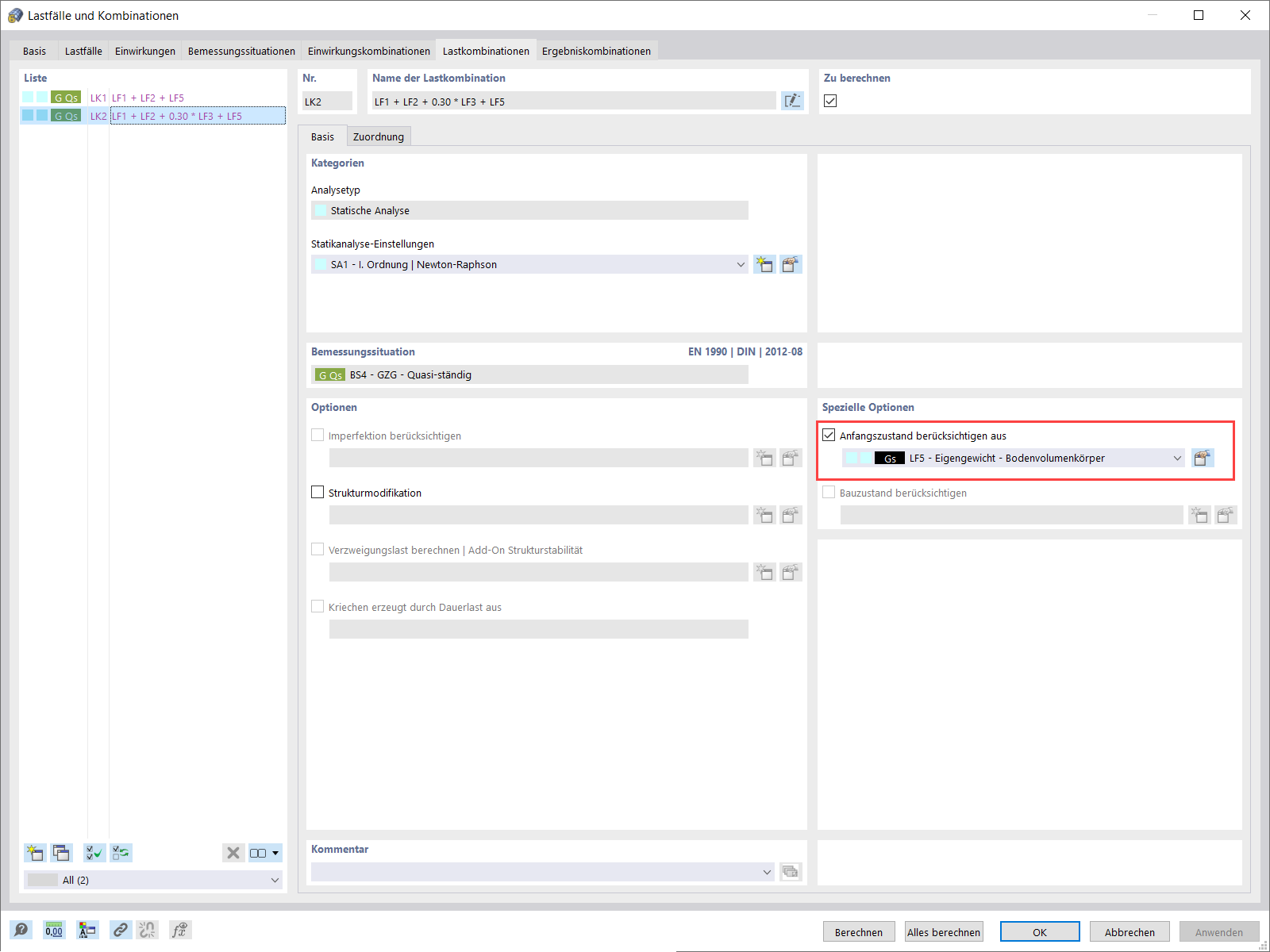 Lastkombinationen erstellt mit dem Kombinationsassistenten