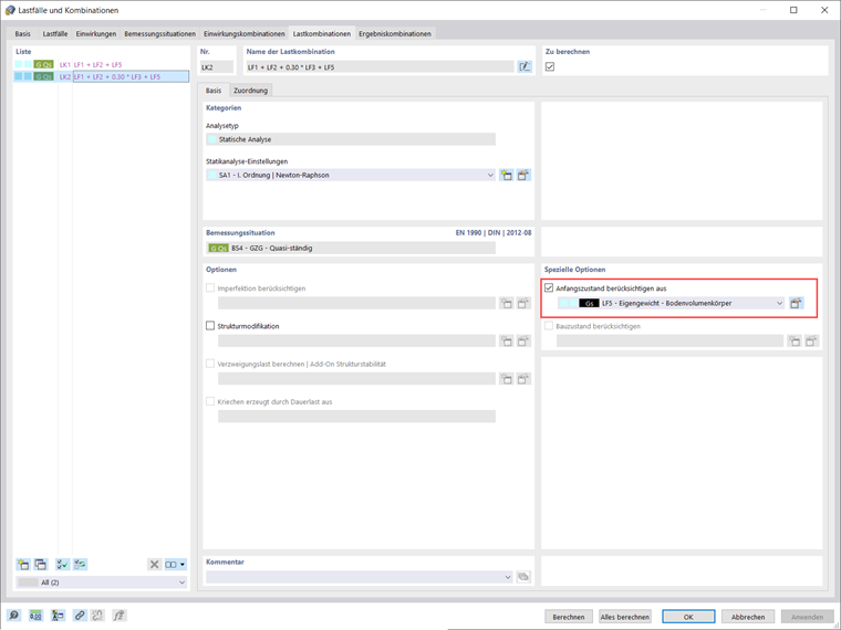 Lastkombinationen erstellt mit dem Kombinationsassistenten