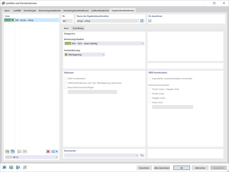 Ergebniskombinationen