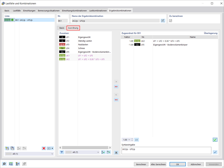 Zugeordnete Lastfälle und Kombinationen der Ergebniskombination
