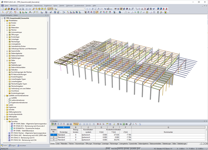 Gesamtmodell der Hallen in RFEM (Für Präsentationszwecke, © Isenmann Ingenieure)