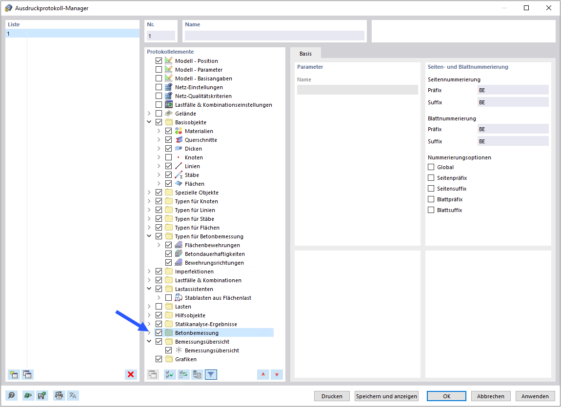 Aktivieren der Daten zur 'Betonbemessung' im Ausdruckprotokoll-Manager