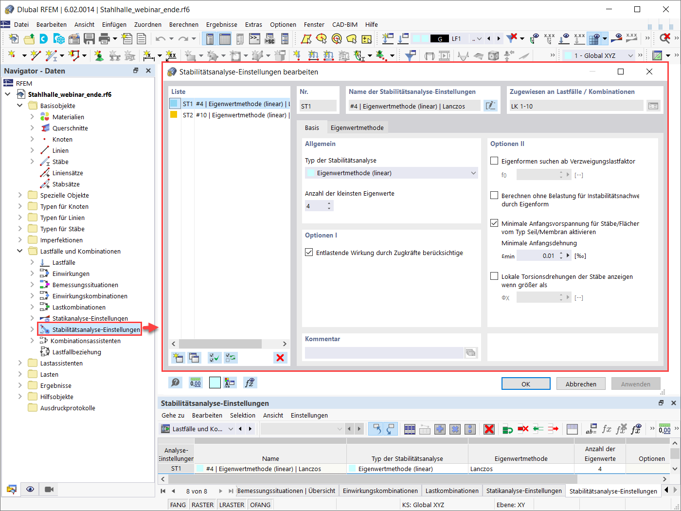 Stabilitätsanalyse-Einstellungen