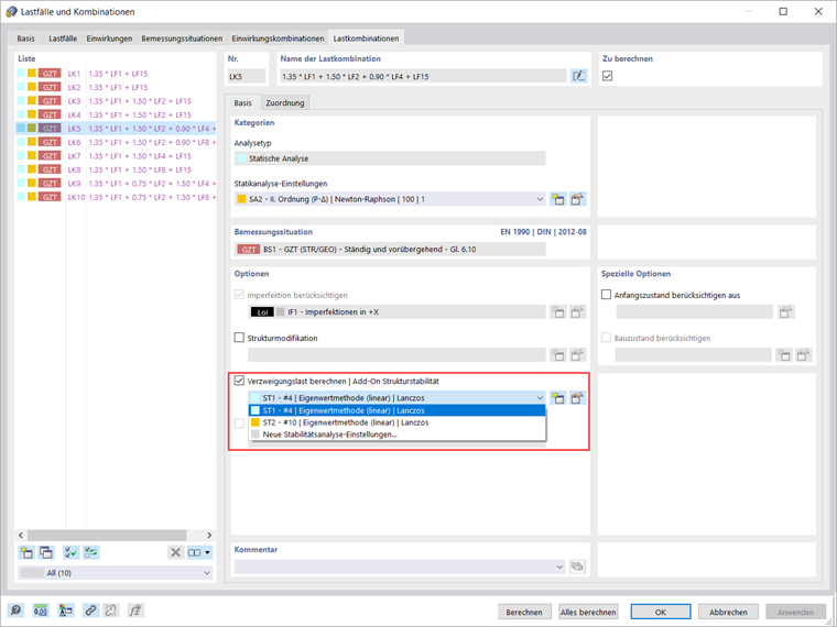 Option "Verzweigungslast berechnen" in Lastkombination