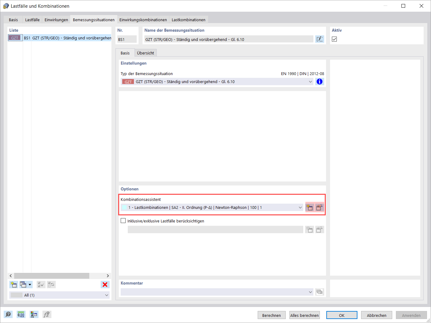 Kombinationsassistent in Bemessungssituation