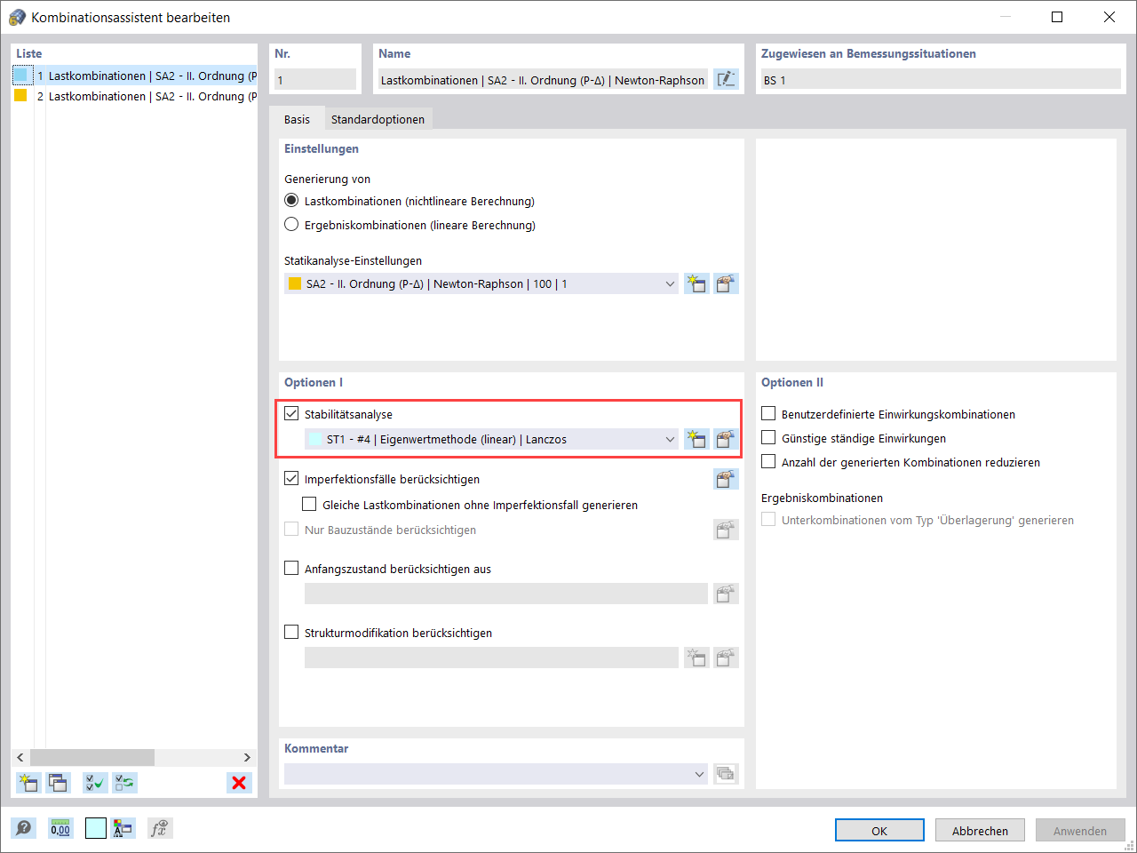 Aktivierung der Stabilitätsnachweise im Kombinationsassistenten