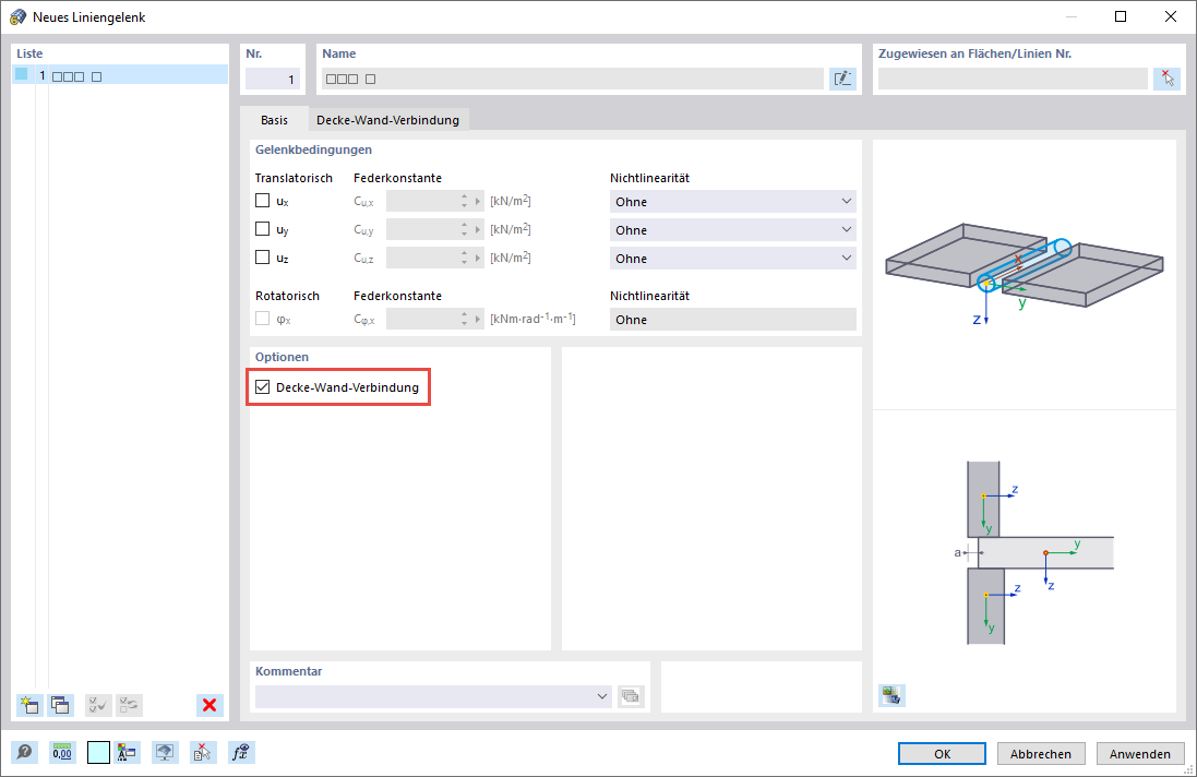 Liniengelenk Wand-Decken-Verbindung