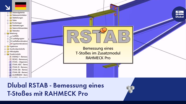 Software-Schnittstelle zeigt das Programm RSTAB mit dem Modul "Rahmeck Pro" auf dem Bildschirm, mit Menüs und Dialogfeldern in einem grafischen Benutzeroberflächenlayout.