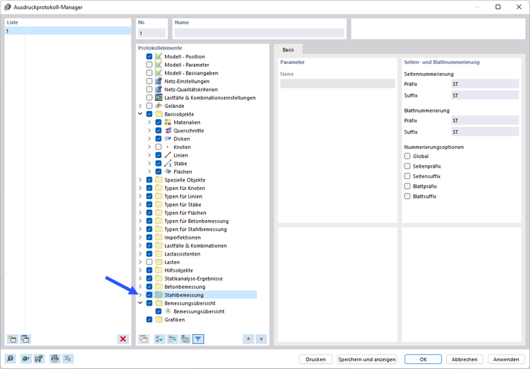 Aktivieren der Daten zur "Stahlbemessung" im Ausdruckprotokoll-Manager