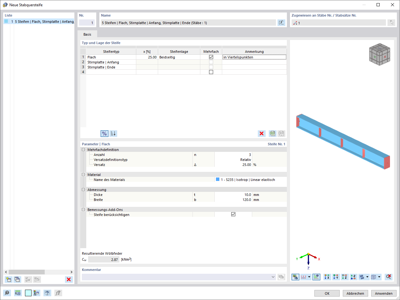Mehrfachdefinition von Quersteifen in den Viertelspunkten