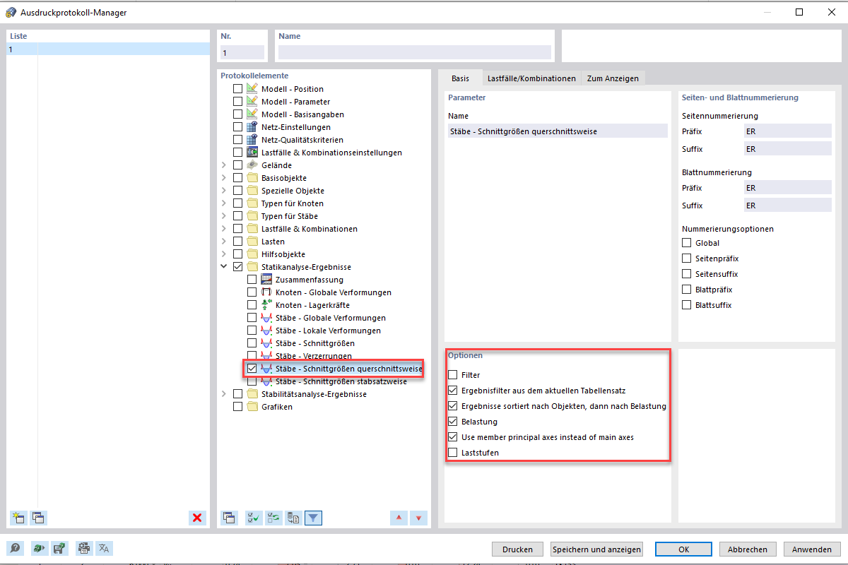 FAQ 005273 | Wie kann ich mir die Schnittgrößen querschnittsweise übersichtlich in das Ausdruckprotokoll drucken.