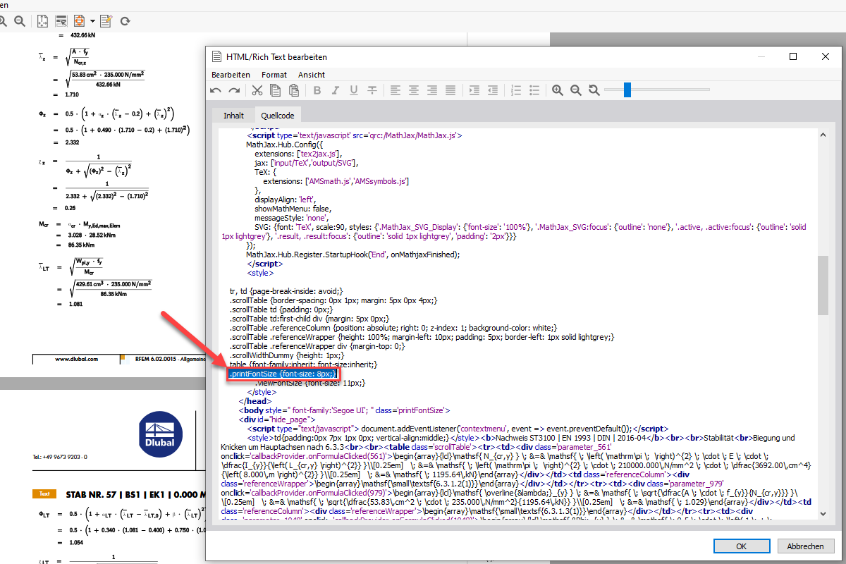 FAQ 005274 | Kann ich mir die Bemessungsformeln im Ausdruckprotokoll auch etwas größer anzeigen lassen?