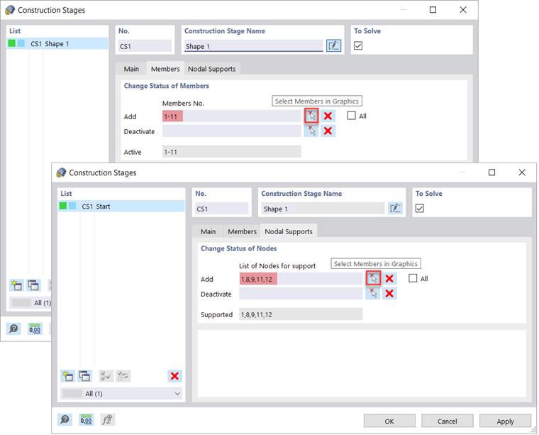 Stäbe und Knotenlager in Bauzustand 1