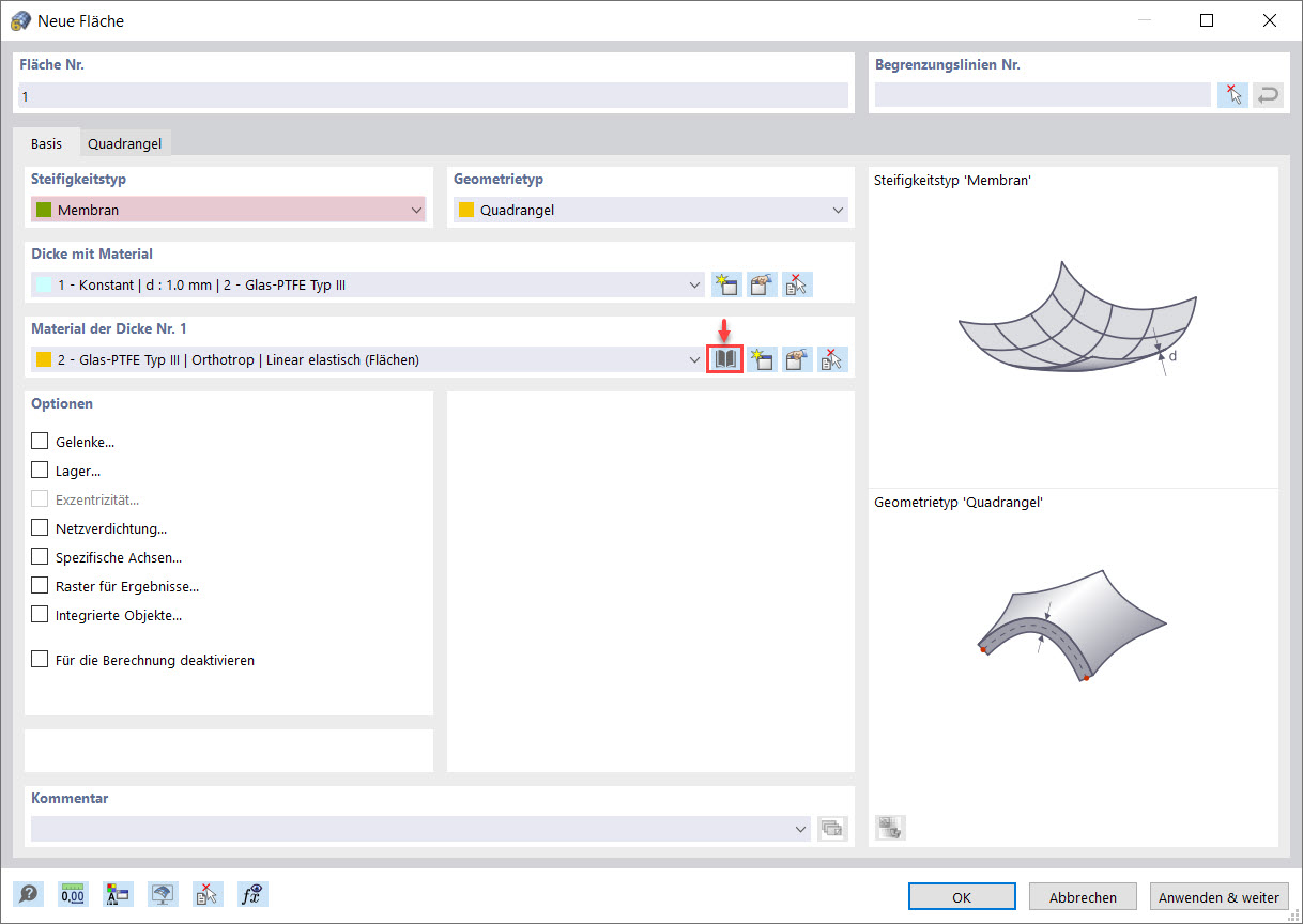 Neue Fläche mit Typ "Membran"