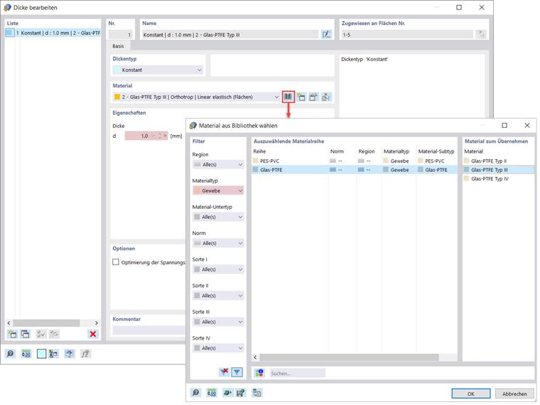 Dicke bearbeiten und Material wählen