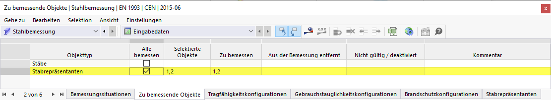 Eingabetabelle für zu bemessende Objekte in der Stahlbemessung | Repräsentanten